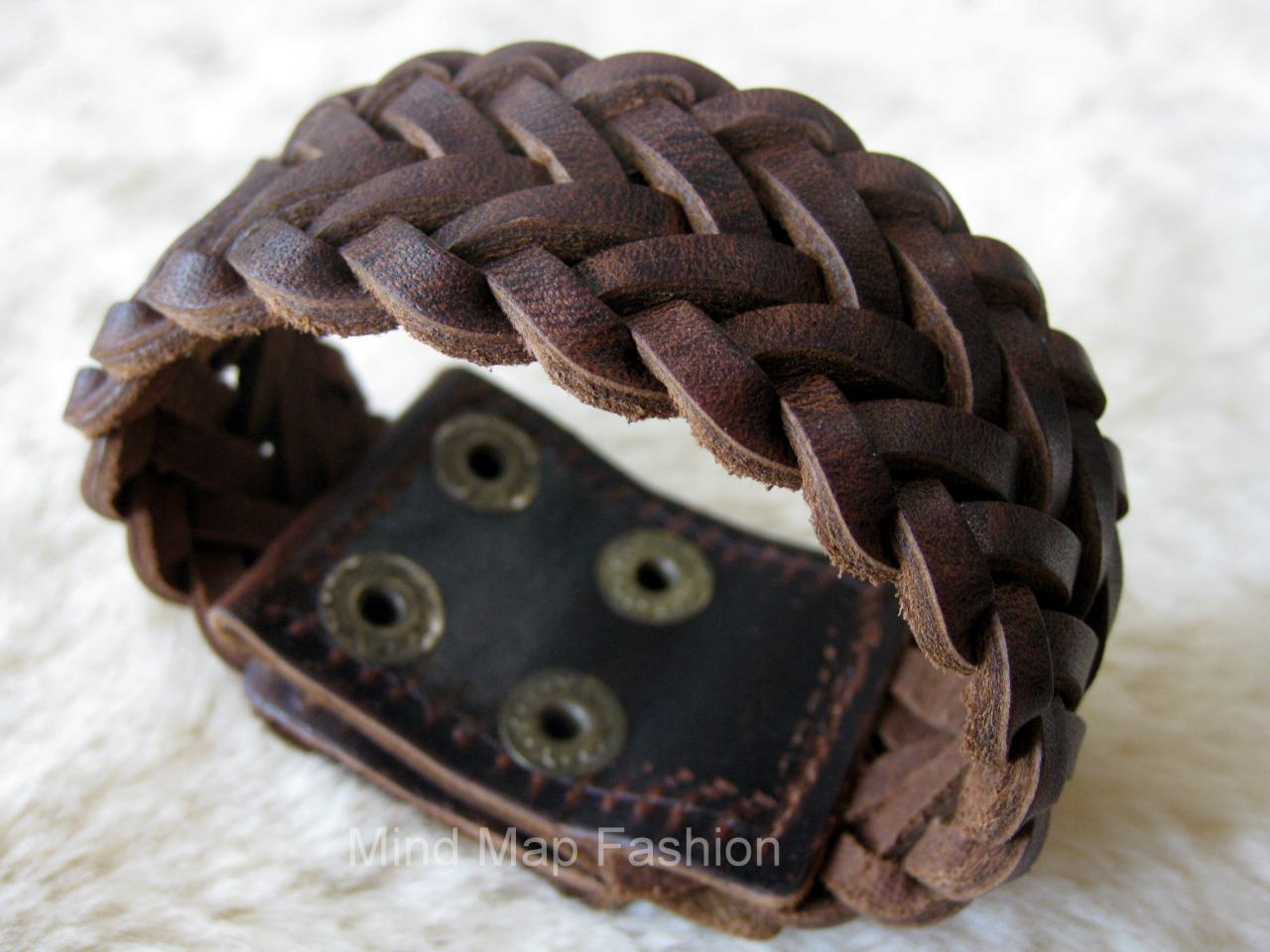 Fashion Weave Wrap Leather Snap Bracelet Wristband Bangle Wide Cuff Adjustable