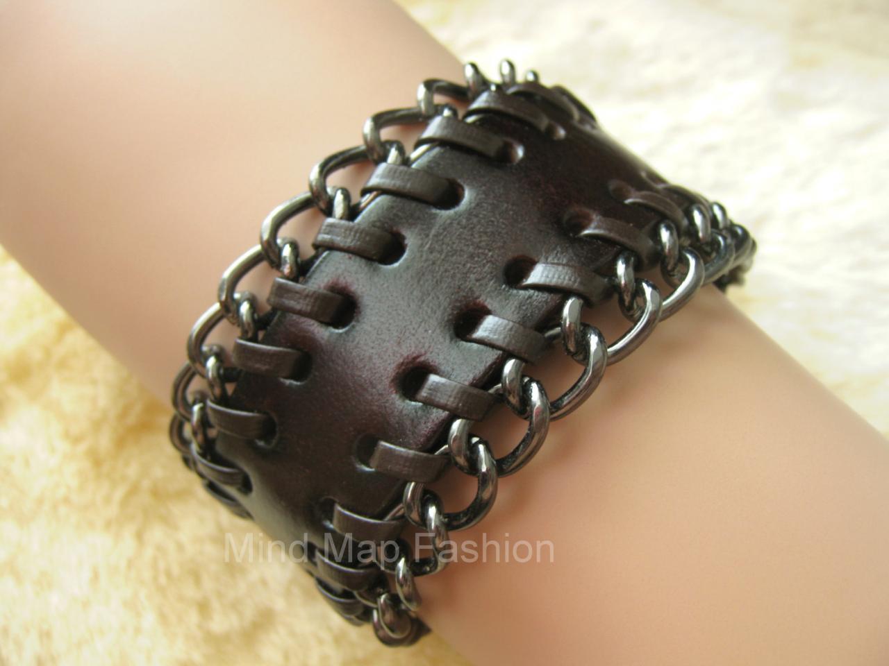 Premium Quality Punk Rock Style Toggle Chain Leather Bracelet For Women & Men
