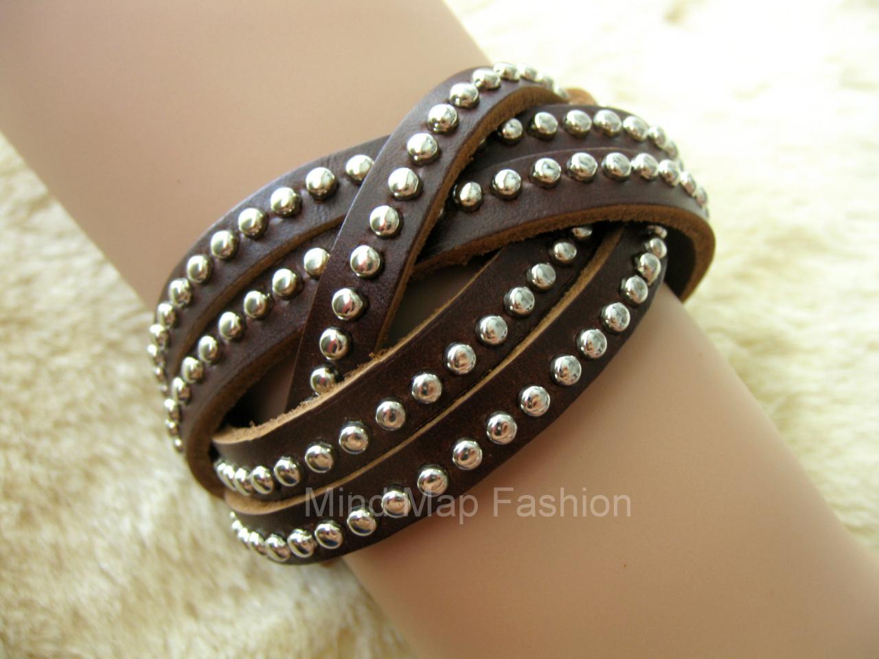 Round Stud Rivet Weave Multi Wrap Leather Snap Bracelet Dark Brown For Women & Men