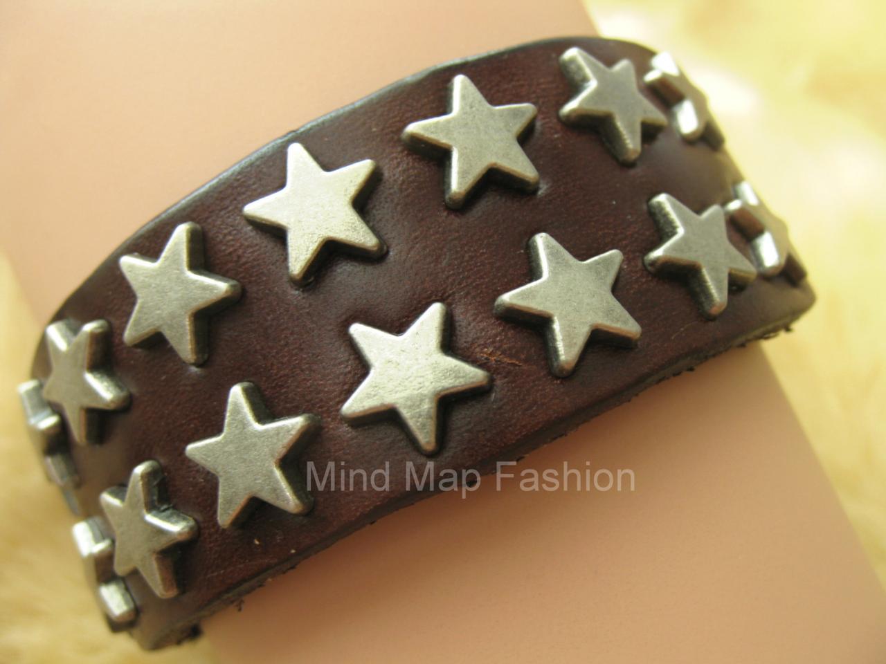 Punk Rock Star Stud Rivet Leather Snap Bracelet Dark Brown For Women