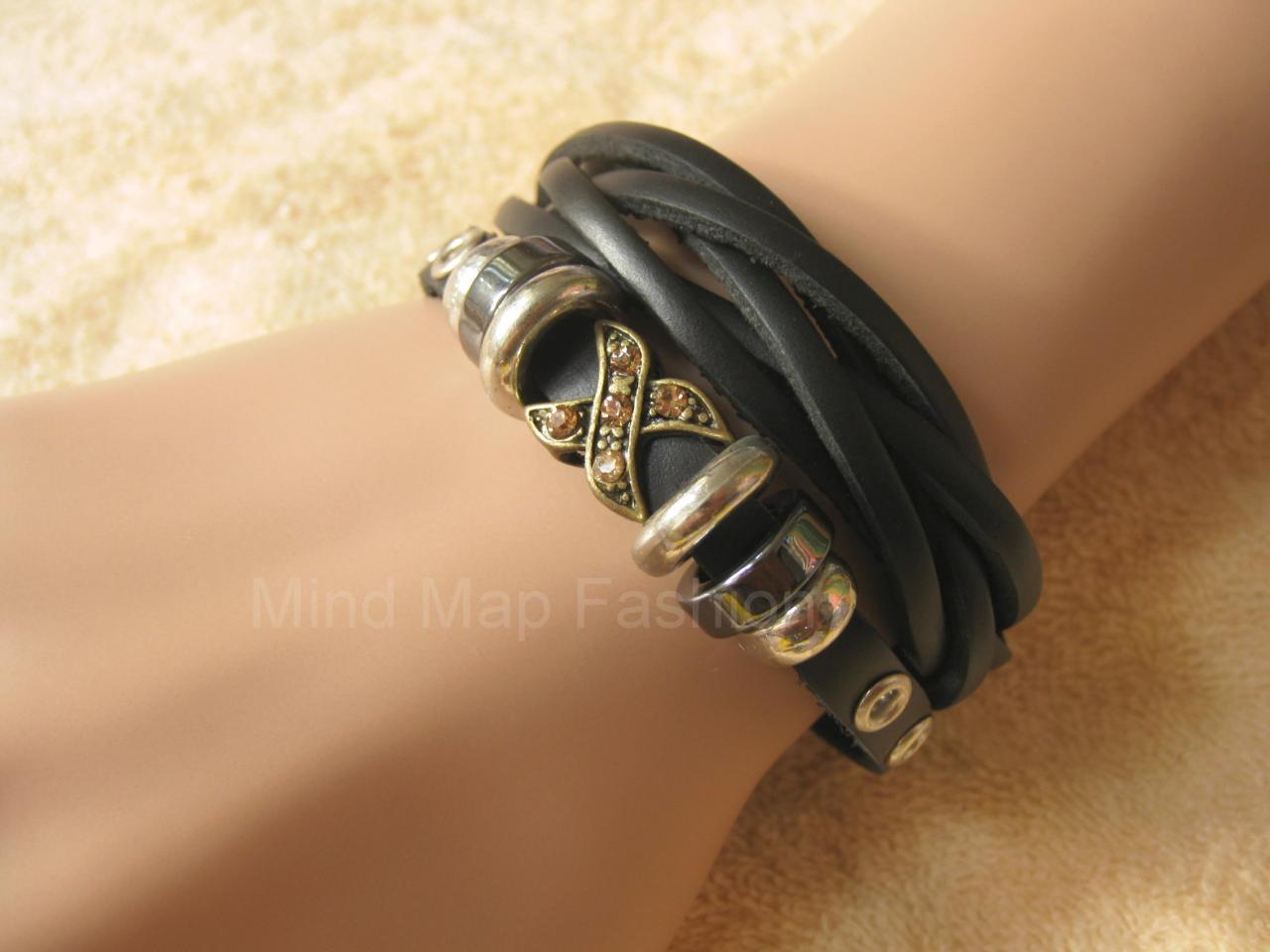 W60 Women Fashion Weave Wrap "x" Beads Black Leather Bracelet Adjustable